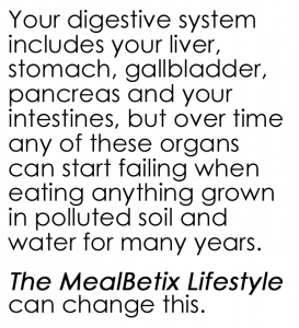 Your digestive system includes your liver, stomach, gallbladder, pancreas and your intestines, but over time any of these organs can start failing when  eating anything grown in polluted soil and water for many years.   The MealBetix Lifestyle can change this.