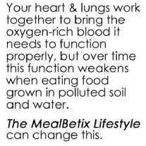 Your heart and lungs work together to bring the oxygen-rich blood it needs to function properly, but over time this function weakens when eating food grown in polluted soil and water. The MealBetix Lifestyle can change this.