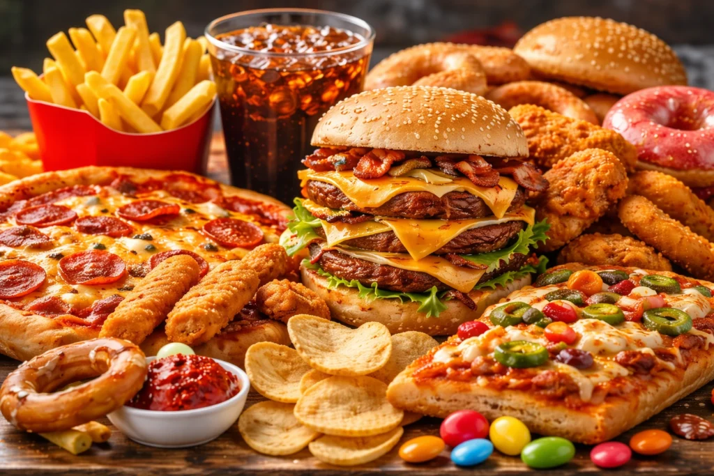 assortment of fast food and junk food including burgers fries pizza and soda representing unhealthy modern diet